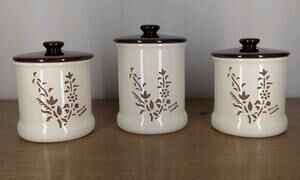 Vintage Holiday Designs USA Canister Set Of 3 Ceramic Brown White Floral Cut Out